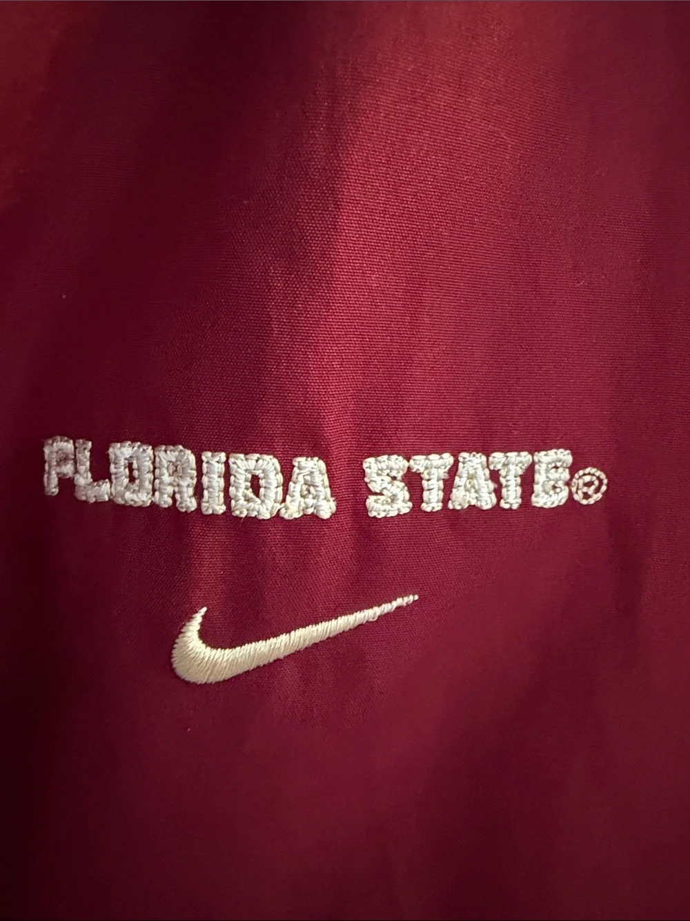 Nike Women's Maroon Varsity Jacket with Cream Shoulder Accents